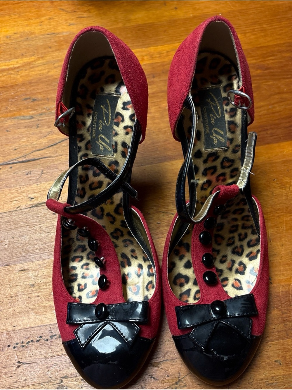 Pin Up Couture Red T-Strap Mary Jane Heels with Black Patent Accents